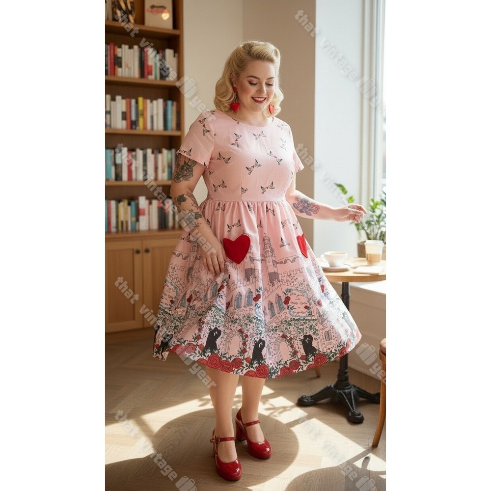 Unique Vintage Pinup Romeo & Juliet Heart Back Lindy Bop Swing Dress, US 14